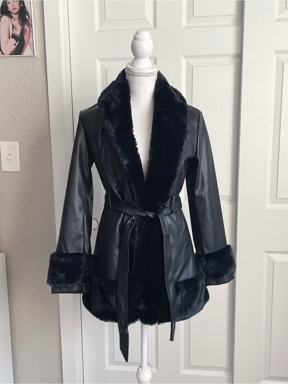 Forever 21 Faux Leather Faux Fur Trim Belted Jacket - Black